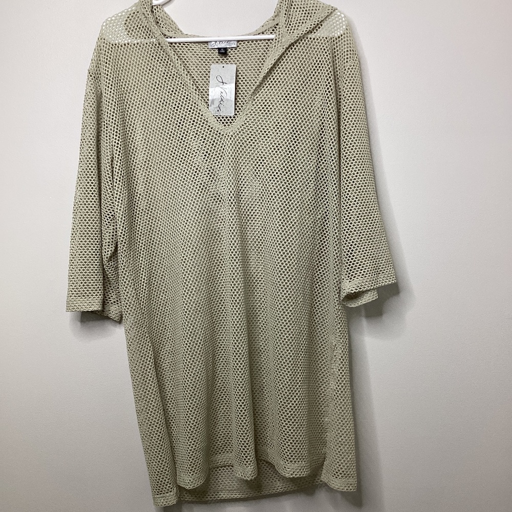 J Valdi Swimsuit Coverup Beige Tan Womens Medium Mesh Look Hooded Swim Womens Si
